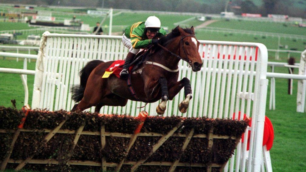 Istabraq and Charlie Swan jump the last on their way to winning the 1998 Champion Hurdle