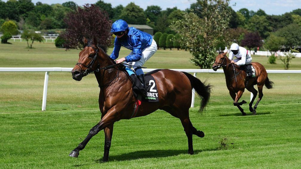 ESHER, ENGLAND - JUNE 13: Lazuli ridden by William Buick approaches the finish line to win The Unibet Scurry Stakes at Sandown Racecourse on June 13, 2020 in Esher, England. (Photo by Megan Ridgwell/Pool via Getty Images)