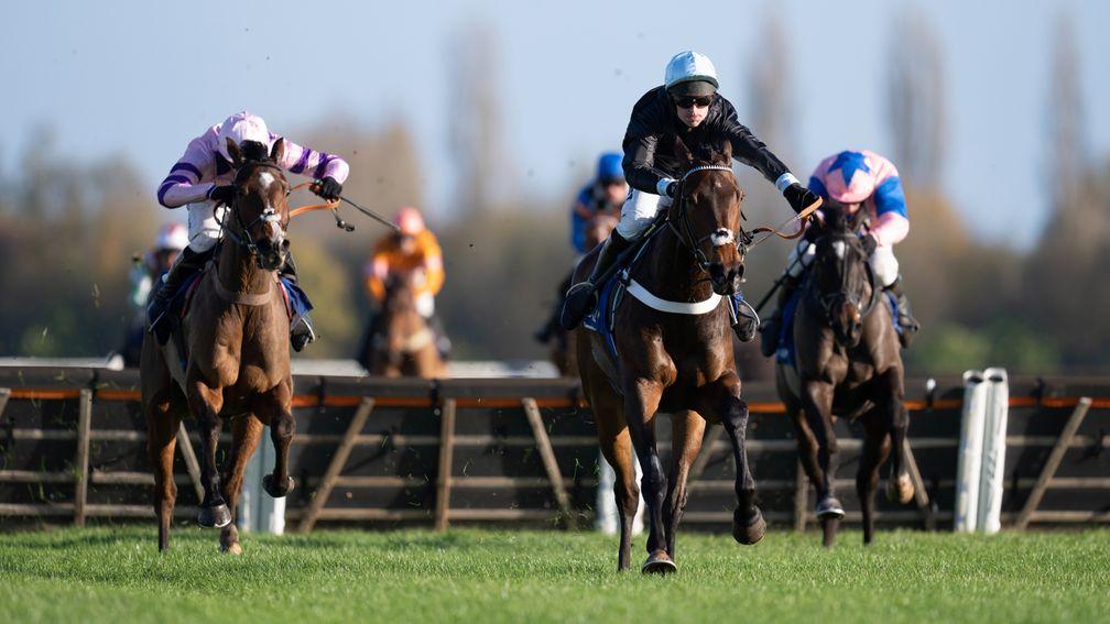 Stay Away Fay (left) picks up best to catch the flagging Russian Royal in the 2m4½f novice hurdle
