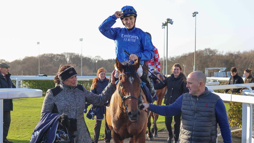 Collen Storey salutes the crowd after winning the feature aboard Forest Of Dean