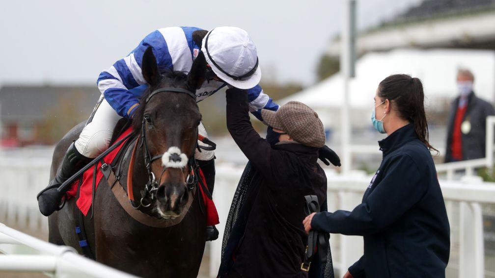 CHELTENHAM, ENGLAND - OCTOBER 24: Frodon ridden by Bryony Frost celebrate after winning the Matchbook Betting Exchange Handicap Chase at Cheltenham Racecourse on October 24, 2020 in Cheltenham, England. (Photo by David Davies - Pool/Getty Images)