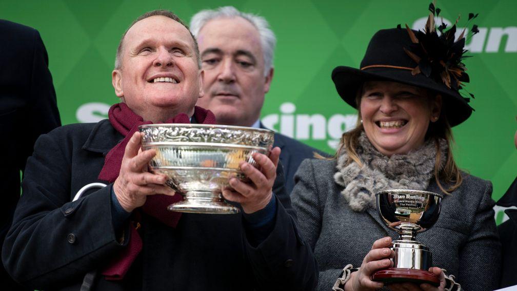 Andrew Gemmell and Emma Lavelle celebrate Paisley Park's Stayers' Hurdle success at the Cheltenham Festival