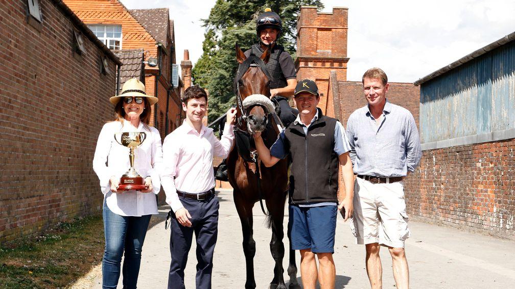 Count Octave with, from left, Victoria Racing Club chairman Amanda Elliott with the Melbourne Cup, Oisin Murphy, Michael Cheshire in saddle, Andrew Balding and Qatar Racing's David Redvers