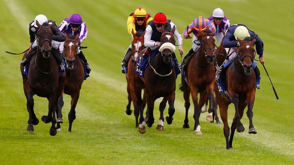 Shirocco Star (left) chases Great Heavens (right) home in the 2012 Irish Oaks