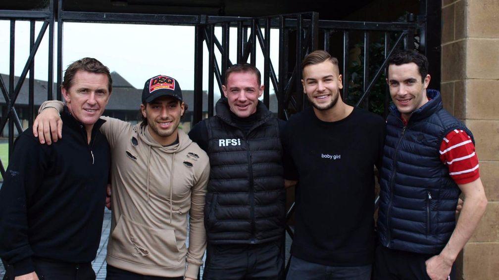 Love Island stars Kem Cetinay (second left) and Chris Hughes (second right) spent a morning at Jackdaws Castle with Sir Anthony McCoy, Richie McLernon and Aidan Coleman