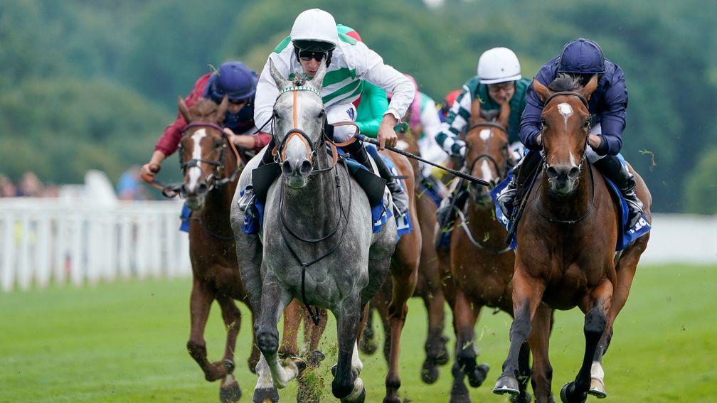 YORK, ENGLAND - AUGUST 18: Luke Morris riding Alpinista (L, white/green) win The Darley Yorkshire Oaks at York Racecourse on August 18, 2022 in York, England. (Photo by Alan Crowhurst/Getty Images)
