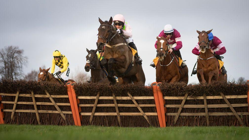 Samcro (white cap) faded to finish fifth in the Ryanair Hurdle