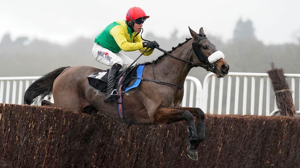 NEWBURY, ENGLAND - DECEMBER 16: Robbie Power riding Magic Of Light clear the last to win ThePertemps Network Mares' Chase at Newbury Racecourse on December 16, 2020 in Newbury, England. Owners and a limited number of the public are allowed to attend the m