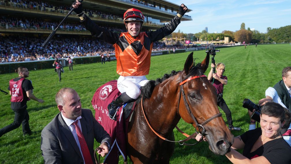 Italian jockey Cristian Demuro riding Favourite Ace Impact celebrates after winning the Qatar Prix de l'Arc de Triomphe horse race at the Paris Longchamp racecourse in Paris, on October 1, 2023. (Photo by Dimitar DILKOFF / AFP) (Photo by Dimitar Dilkoff/AFP (Getty Images)