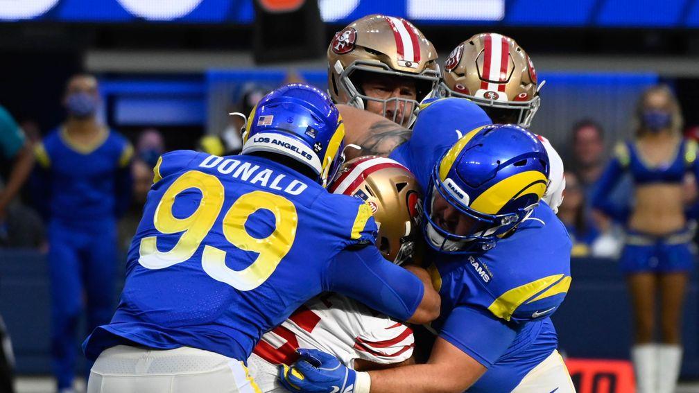 LA Rams Aaron Donald gets stuck into the 49ers offence
