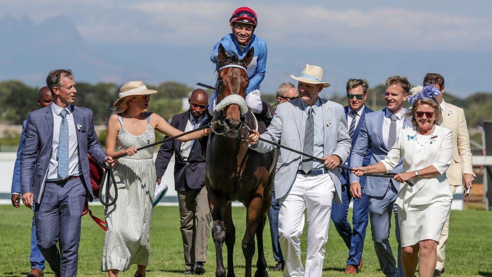 Gaynor Rupert (right) leads her star mare Oh Susanna in after victory in the 2019 Cartier Paddock Stakes at Kenilworth
