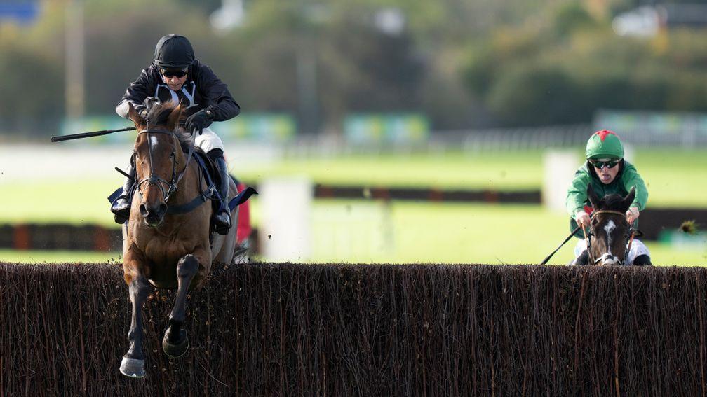 Ashtown Lad and Harry Skelton lead Buzz De Turcoing over the last fence in the 3m novices' chaseWetherby 29.10.21 Pic: Edward Whitaker