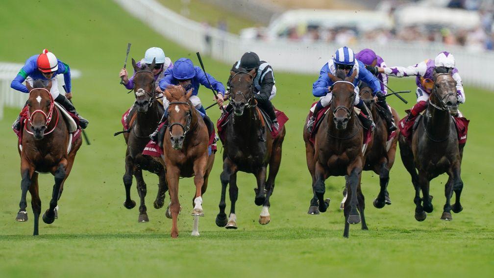 CHICHESTER, ENGLAND - JULY 27: Jim Crowley riding Baaeed (blue/white) win The Qatar Sussex Stakes during day two of the Qatar Goodwood Festival at Goodwood Racecourse on July 27, 2022 in Chichester, England. (Photo by Alan Crowhurst/Getty Images)