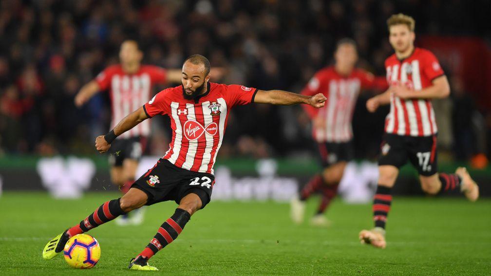 Southampton's Nathan Redmond takes a shot against Manchester United