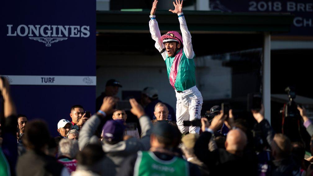Frankie Dettori performs his flying dismount after victory on Enable at Churchill Downs