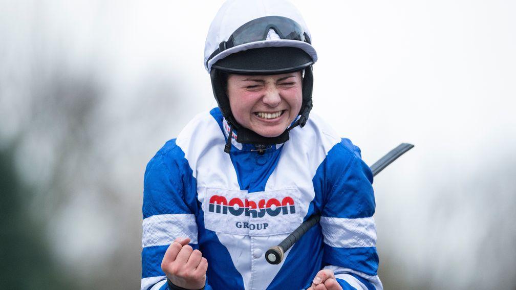 A delighted Bryony Frost returns to the winner's enclosure on Frodon after the Silviniaco Conti Chase at Kempton