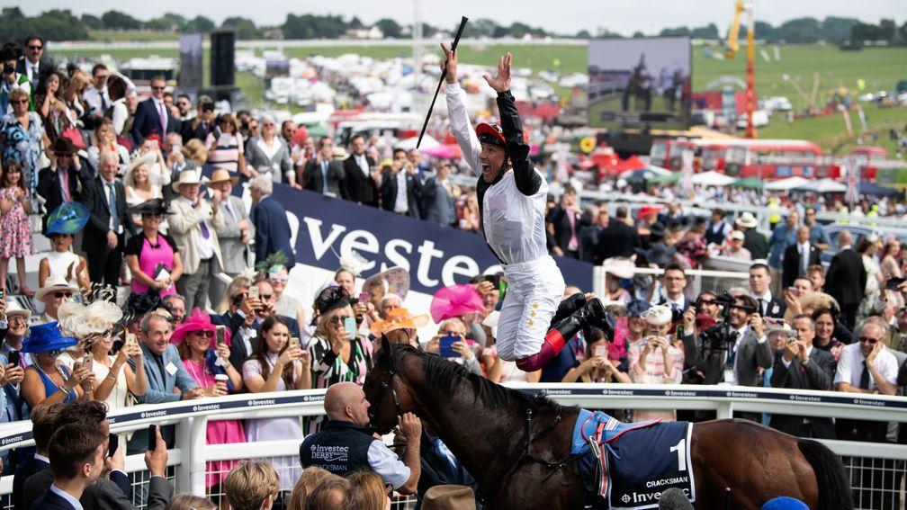 Flying Frankie: Dettori entertains the crowd with his famous dismount after Cracksman’s Coronation Cup win