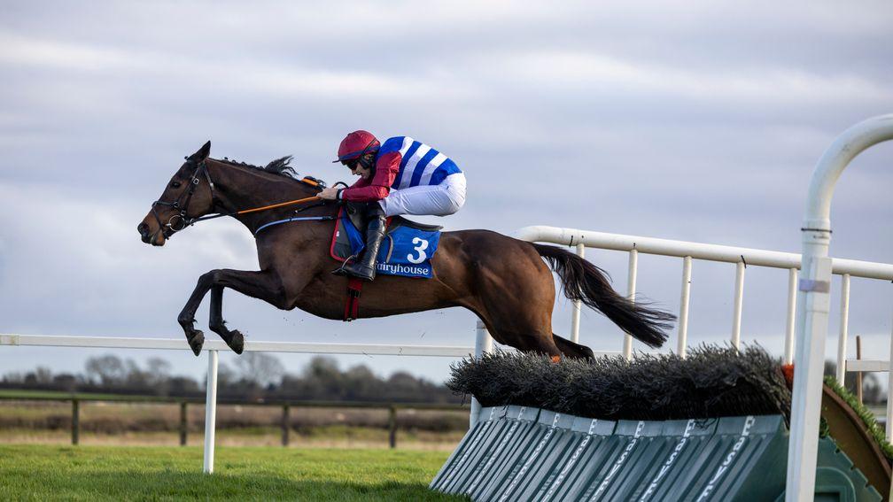 Three Card Brag jumps the last en route to landing the novice hurdle at Fairyhouse