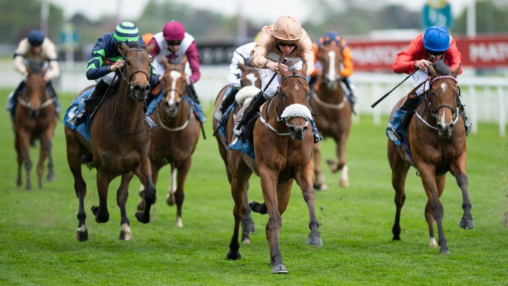 Crazyland (hooped cap, left) reopposes Nymphadora (noseband) from their meeting in the Listed Marygate Stakes at York