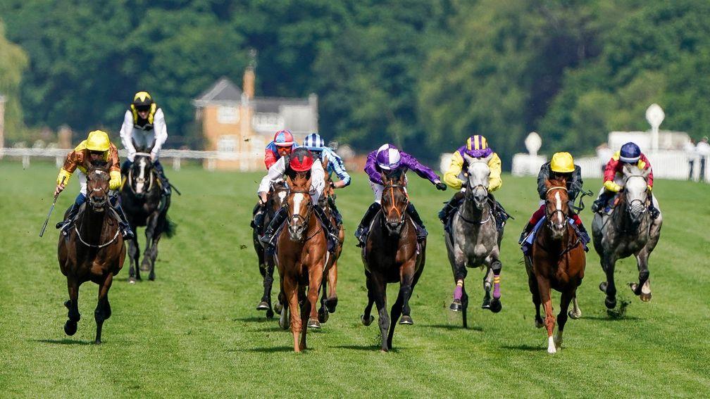 ASCOT, ENGLAND - JUNE 16: Ryan Moore riding Kyprios (red/black cap) win The Gold Cup during Royal Ascot 2022 at Ascot Racecourse on June 16, 2022 in Ascot, England. (Photo by Alan Crowhurst/Getty Images)