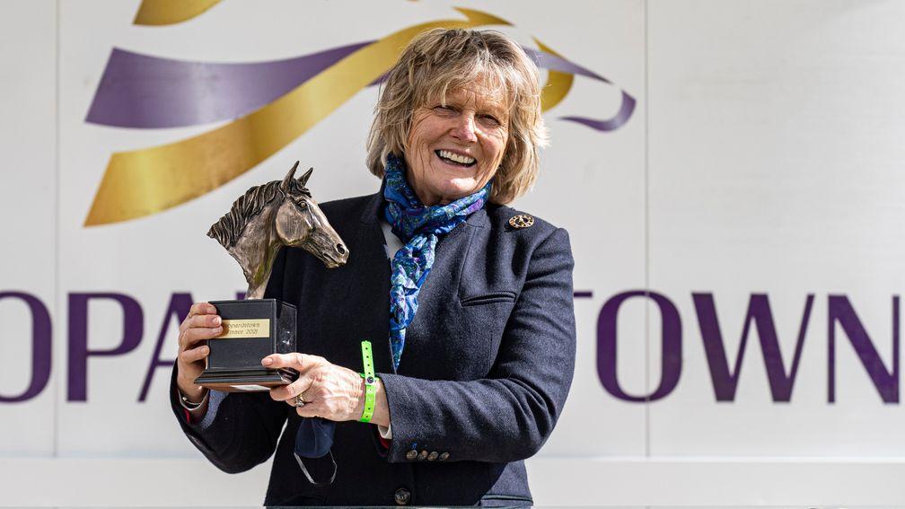 Jessica Harrington with the trophy after Tauran Shaman's 1m2f handicap win at Leopardstown