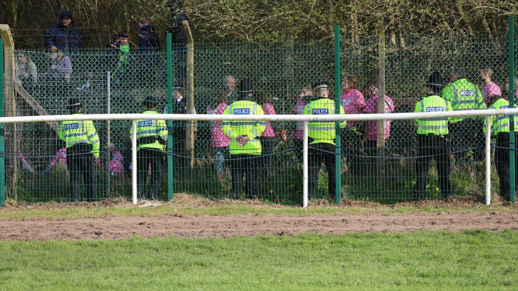 Protestors during the Grand National meeting at Aintree on Saturday