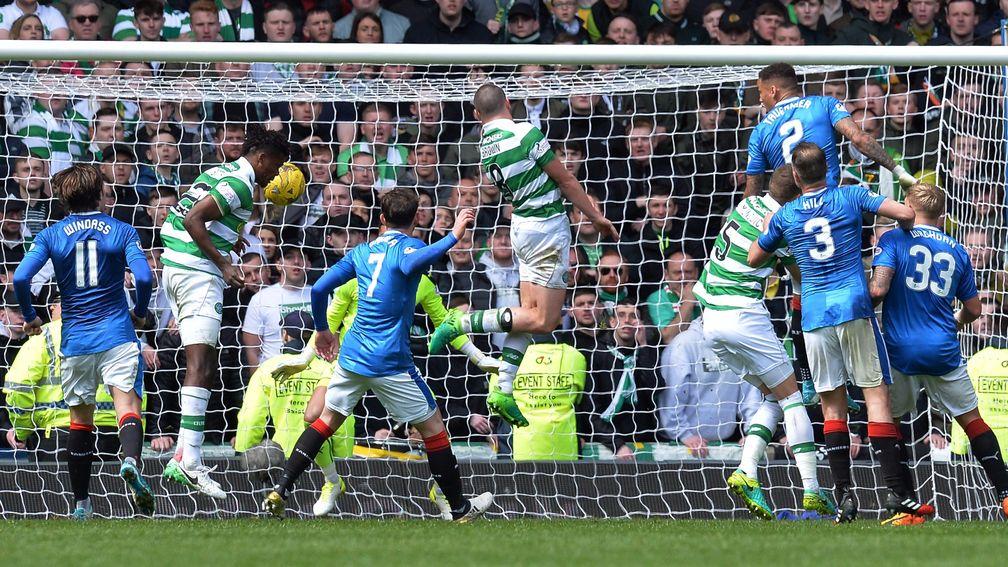 Dedryck Boyata scores Celtic's fourth goal in their 5-1 win over Rangers at Ibrox in April
