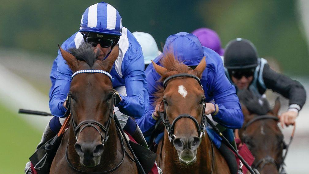 CHICHESTER, ENGLAND - JULY 27: Jim Crowley riding Baaeed (blue/white) win The Qatar Sussex Stakes during day two of the Qatar Goodwood Festival at Goodwood Racecourse on July 27, 2022 in Chichester, England. (Photo by Alan Crowhurst/Getty Images)