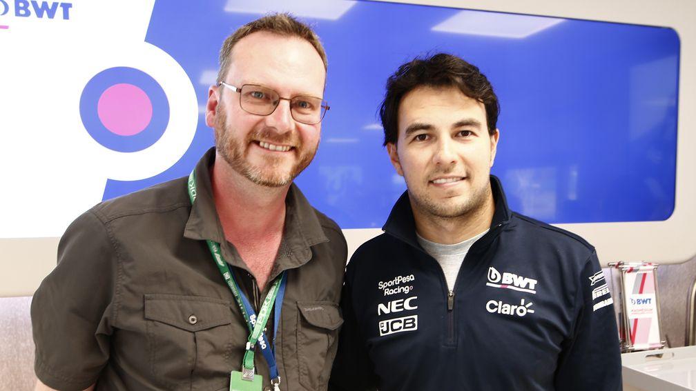 Racing Post Sport's Adam Scriven meets Sport Pesa Racing Point driver Sergio Perez at Silverstone