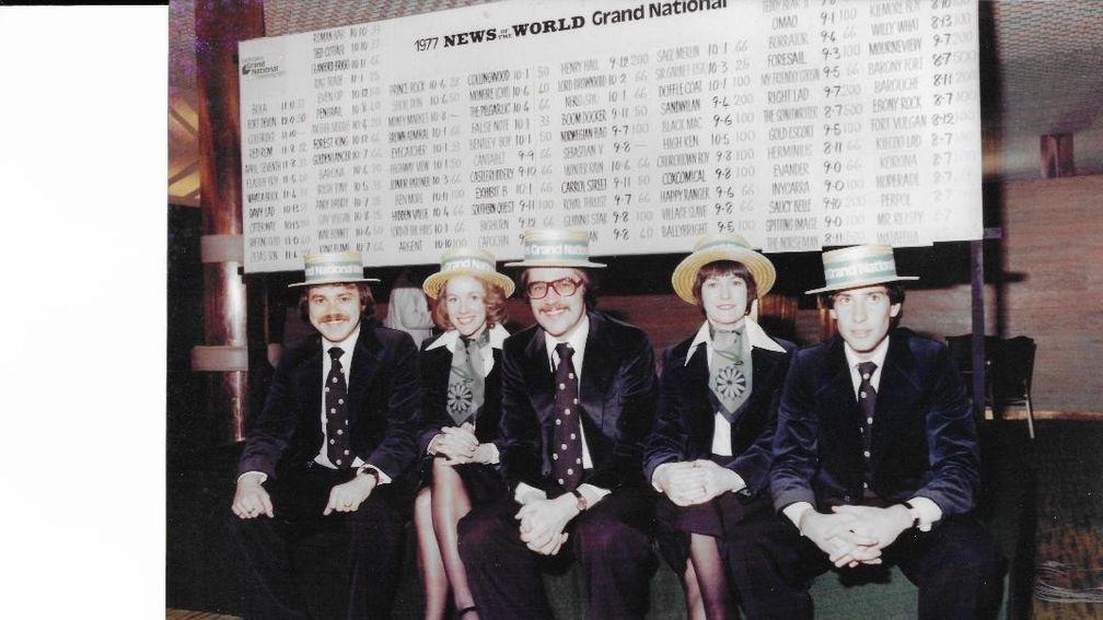Left to right Nigel Payne, Judith Morgan, Mike Dillon, Lynn Wall and Jonathan Stein at the first Grand National weights ceremony in 1977