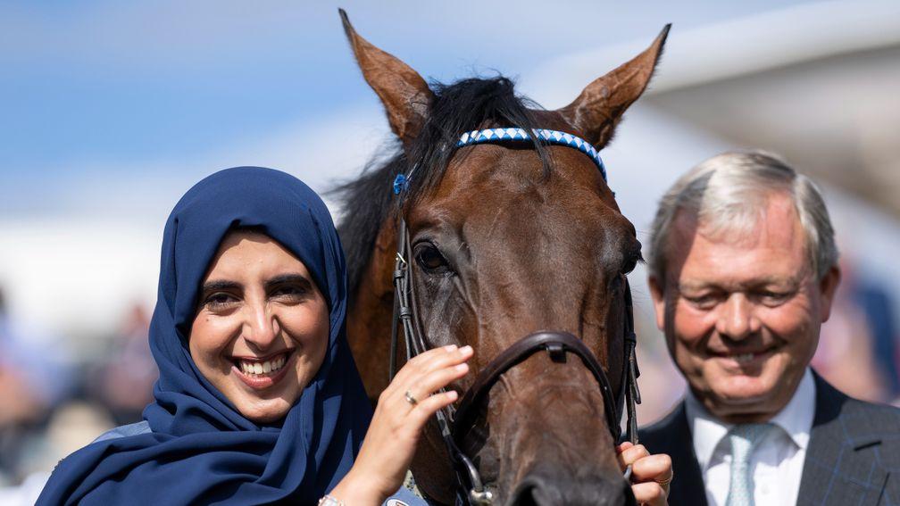 Sheikha Hissa and William Haggas with Baaeed after the Juddmone InternationalYork 17.8.22 Pic: Edward Whitaker