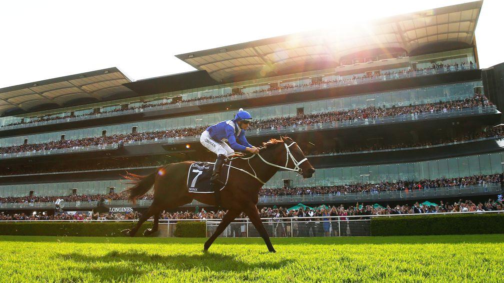 SYDNEY, AUSTRALIA - APRIL 13: Hugh Bowman riding Winx wins race 7 the Longines Queen Elizabeth Stakes during The Championships Day 2 at Royal Randwick Racecourse on April 13, 2019 in Sydney, Australia. (Photo by Matt King/Getty Images)