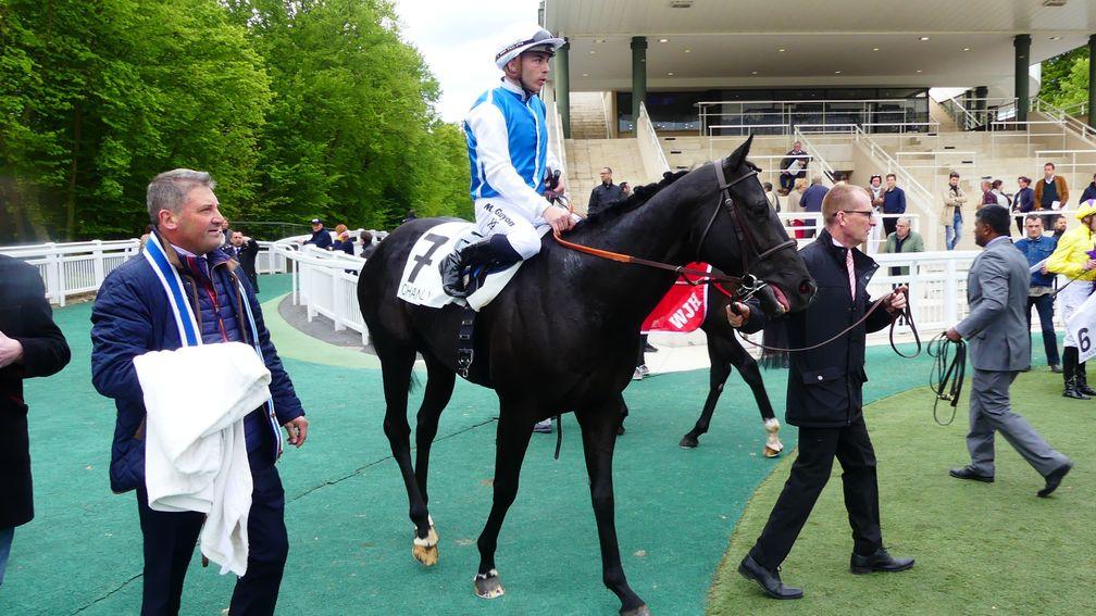 Flop Shot and Maxime Guyon after winning the Group 3 Prix de Guiche at Longchamp