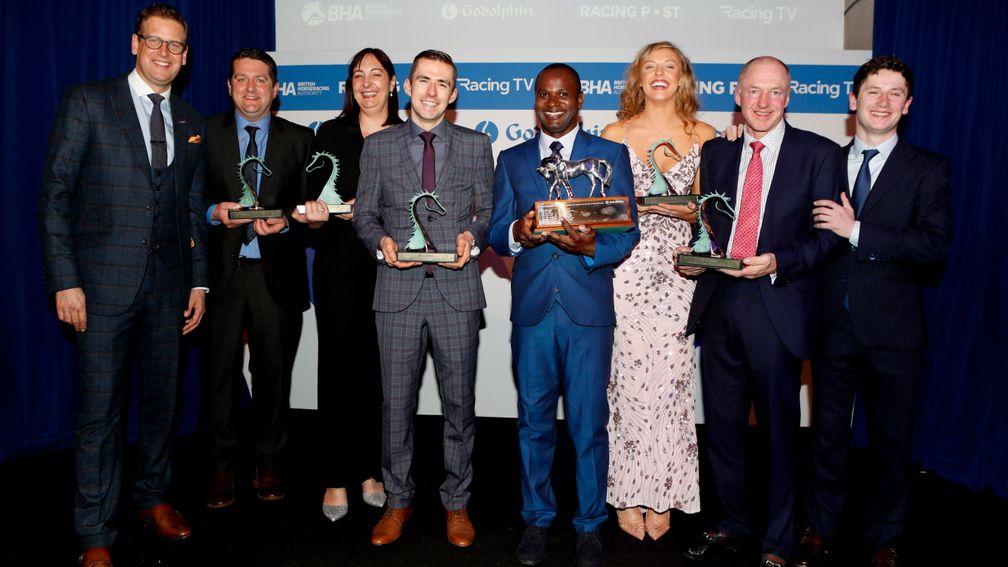 Ed Chamberlin and Oisin Murphy with the category winners at the 2020 Godolphin Stud and Stable Staff Awards ((l to R) Mat Nicholls, Simone Sear, Kevin Skelton, James Frank, Hayley Ashcroft and Andy Stringer)