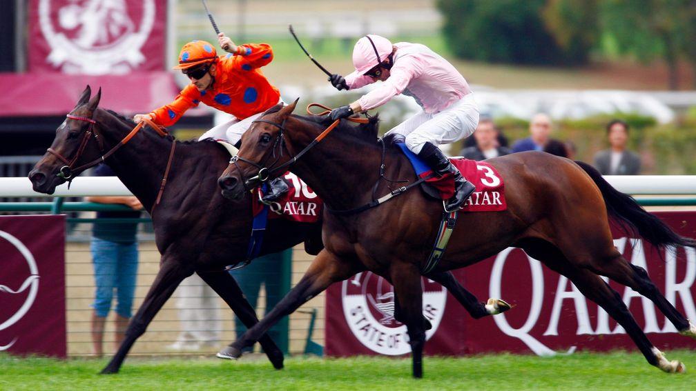 Dar Re Mi (nearside) and Jimmy Fortune passed the post first in the 2009 Prix Vermeille but, in an extremely controversial case, was demoted to fifth by the raceday stewards at Longchamp for interference