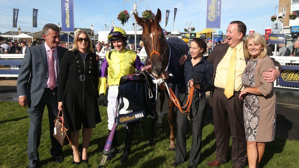 Winning connections including Peter Tingey (second right), Angie Bailey (right) and trainer Kevin Ryan (left) after Brando’s 2016 Ayr Gold Cup win