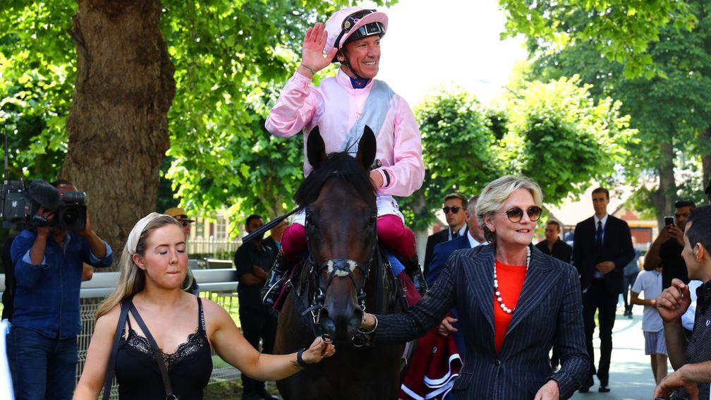 Back with a bang: Too Darn Hot with Frankie Dettori, groom Maise Robinson and owner Lady Lloyd-Webber after Prix Jean Prat success