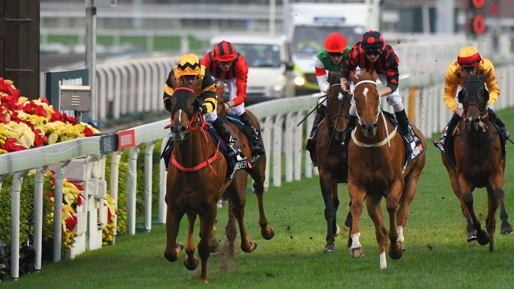 Glorious Forever (left) scores in the Group 1 Hong Kong Cup