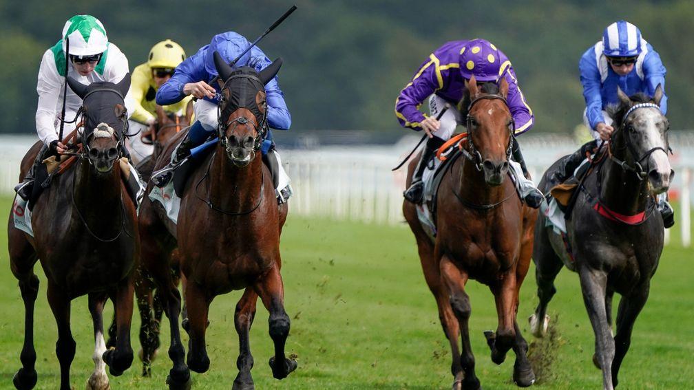DONCASTER, ENGLAND - SEPTEMBER 10: William Buick riding Noble Truth (blue) win The Cazoo Flying Scotsman Stakes from Oisin Murphy and Hoo Ya Mal (white) at Doncaster Racecourse on September 10, 2021 in Doncaster, England. (Photo by Alan Crowhurst/Getty Im
