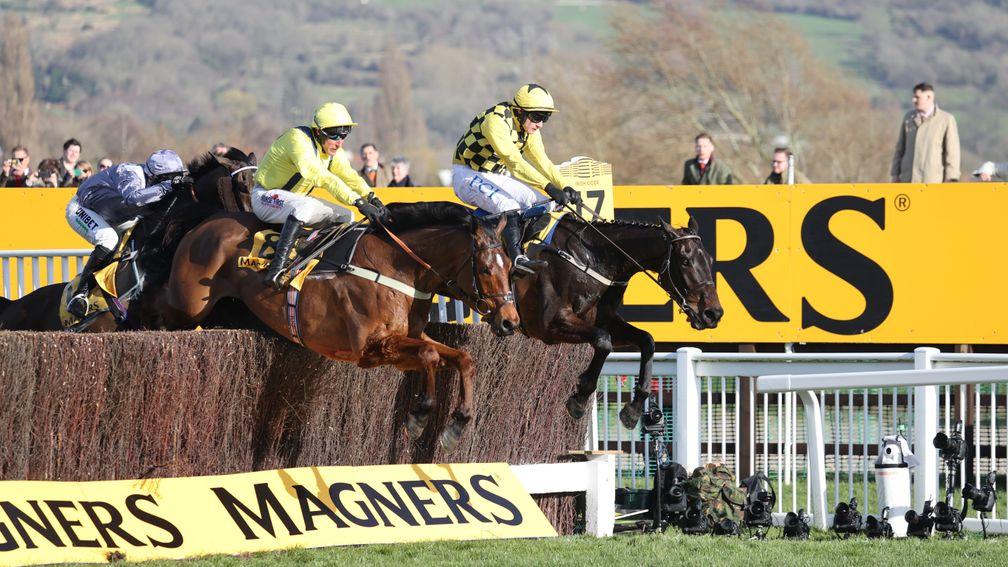Al Boum Photo (far side): jumps the last on his way to a second Cheltenham Gold Cup