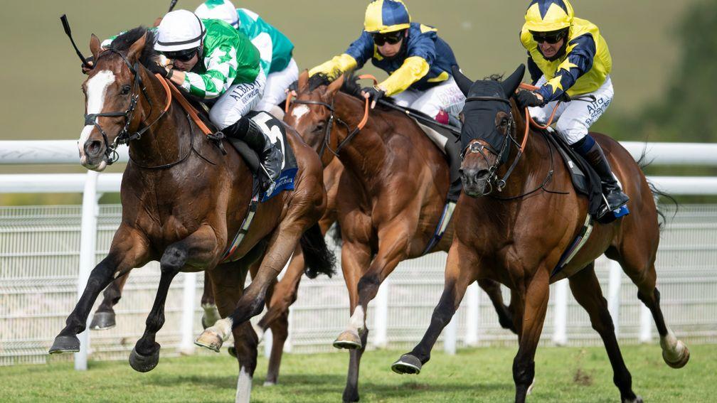 Pablo Escobarr (white cap, left of picture) and Desert Encounter (yellow stars on sleeves, right) lock horns again at Newmarket on Saturday