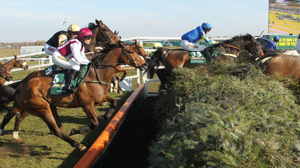 Katie Walsh and Seabass meet the Chair on a perfect stride in the 2013 Grand National