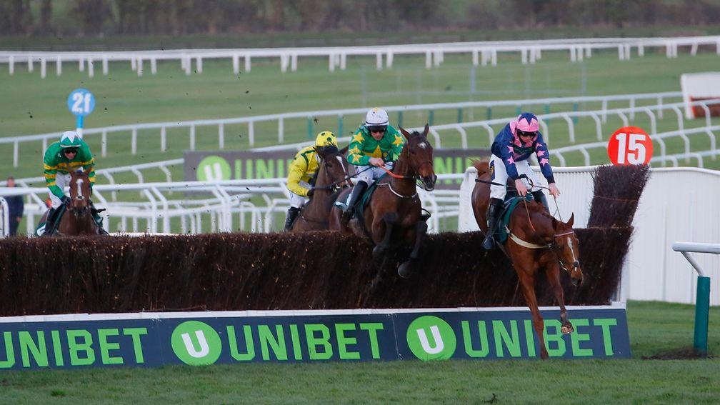 The closing stages of the National Hunt Chase with Jerrysback (left) trailing the leaders