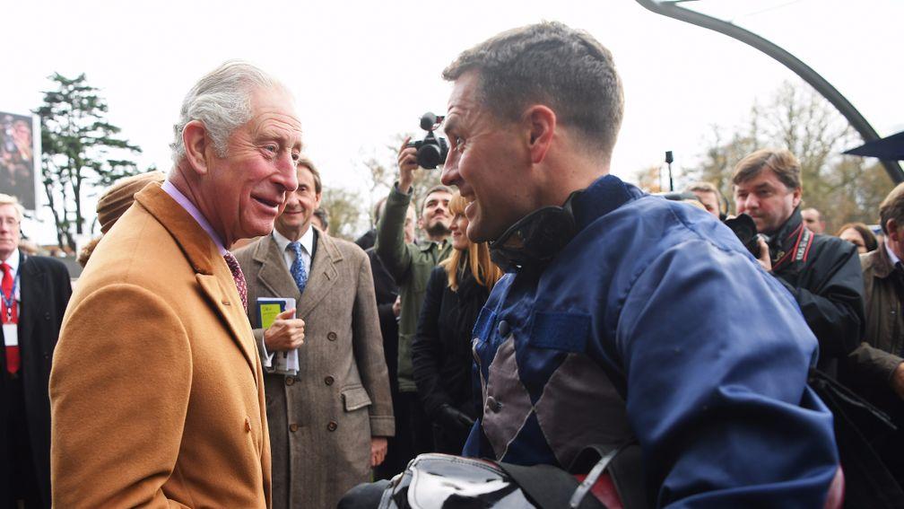 Michael Owen talks to Prince Charles at Ascot after finishing second on his riding debut