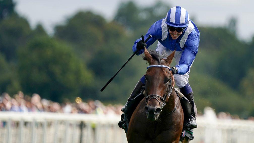YORK, ENGLAND - AUGUST 17: Jim Crowley riding Baaeed win The Juddmonte International Stakes at York Racecourse on August 17, 2022 in York, England. (Photo by Alan Crowhurst/Getty Images)