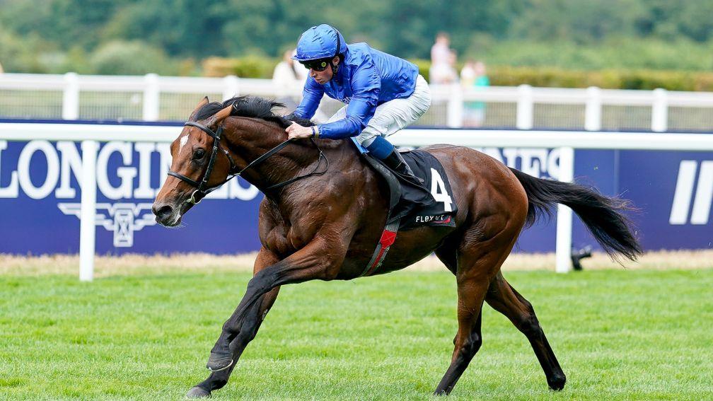 ASCOT, ENGLAND - JULY 23: William Buick riding Naval Power win The Flexjet Pat Eddery Stakes at Ascot Racecourse on July 23, 2022 in Ascot, England. (Photo by Alan Crowhurst/Getty Images)