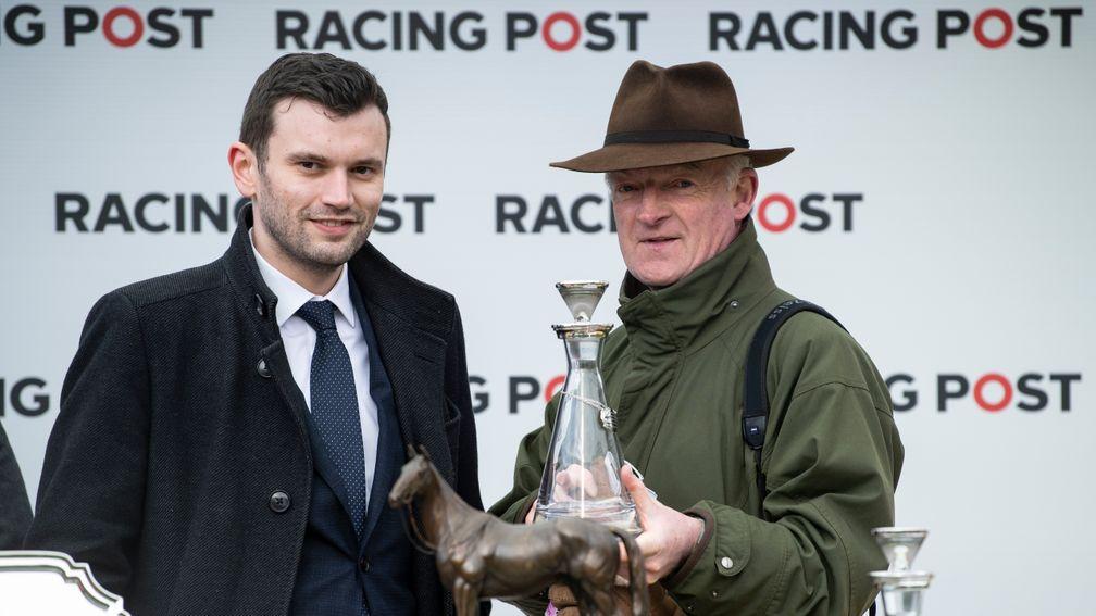 Tom Kerr: presents Willie Mullins with the Racing Post Arkle Challenge Trophy