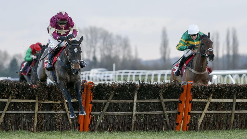 Beer Goggles clears the last ahead of Unowhatimeanharry in the Long Distance Hurdle