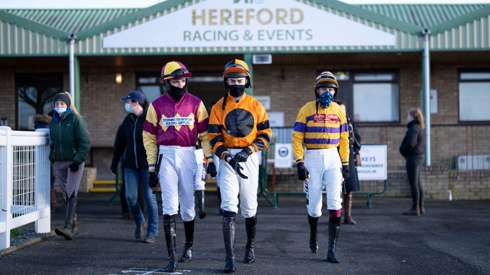 Jockeys leave the weighing room on Hereford's opening fixture of 2022