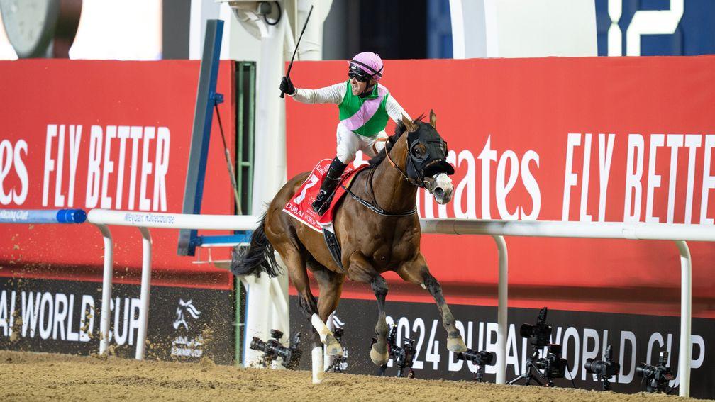 Tadhg O'Shea celebrates crossing the line on impressive Dubai World Cup winner Laurel River